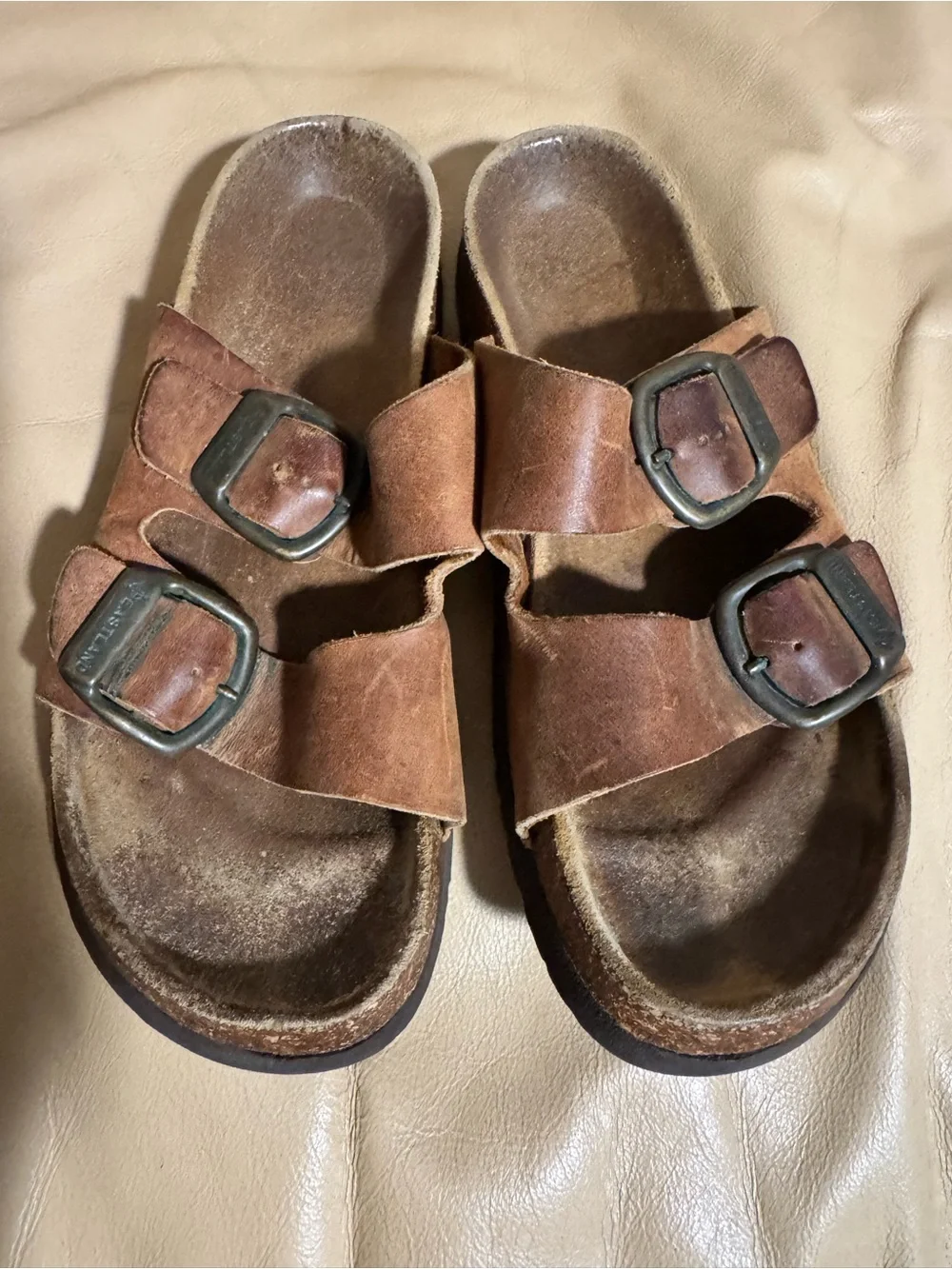 Women’s Brown Double-Buckle Leather Slide Sandals